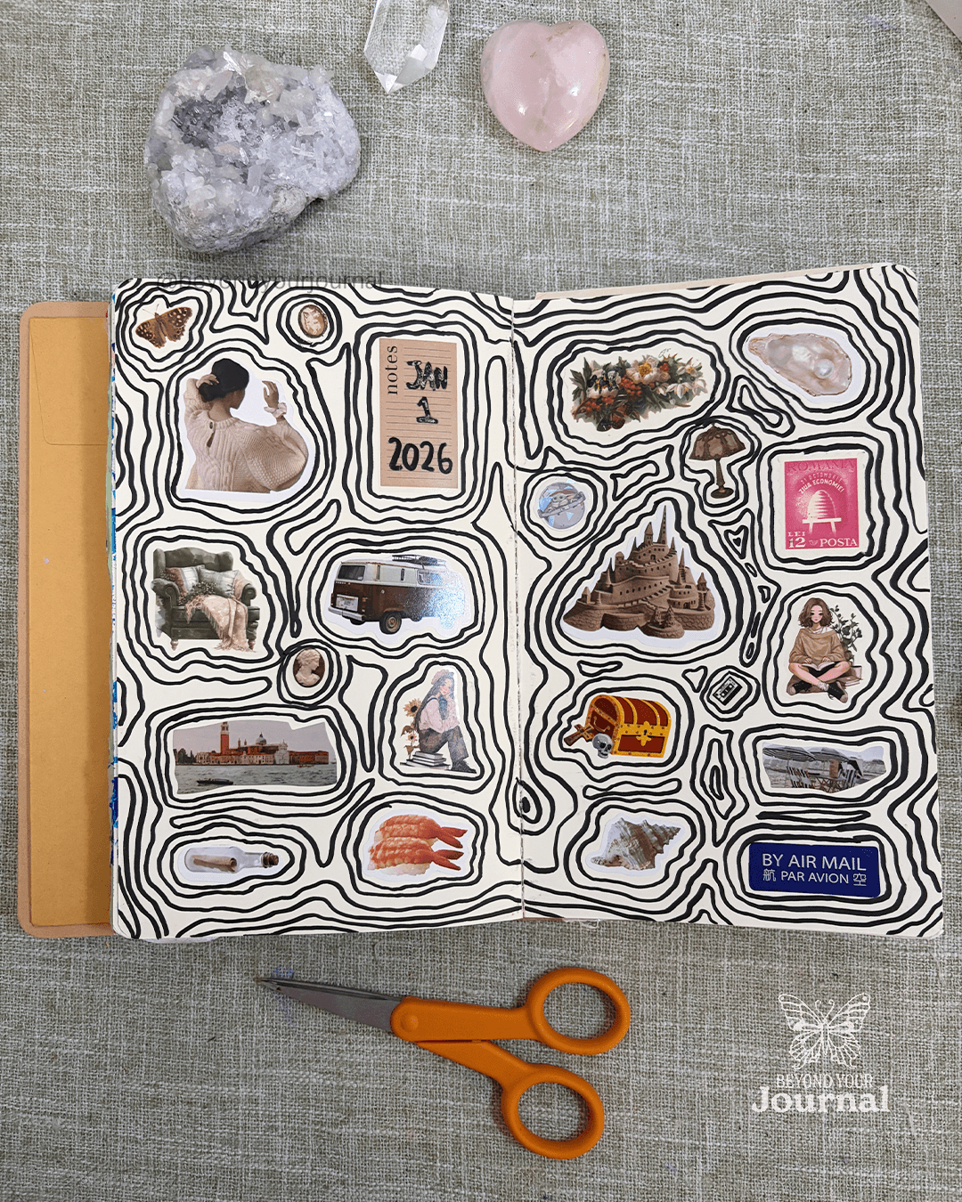 Creative journal spread built around overlapping scrap circles