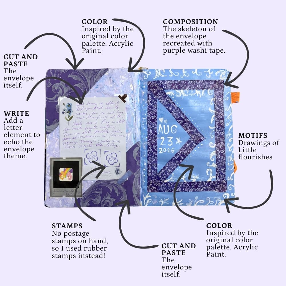 An open creative journal spread inspired by a blue and purple thrifted envelope. The envelope has been cut and collaged into the pages, with blue acrylic paint, purple washi tape, handwritten letter elements, rubber stamps, and hand-drawn flourishes. Arrows explain how the original envelope's colors, triangular shape, motifs, and letter-writing theme influenced the finished spread.