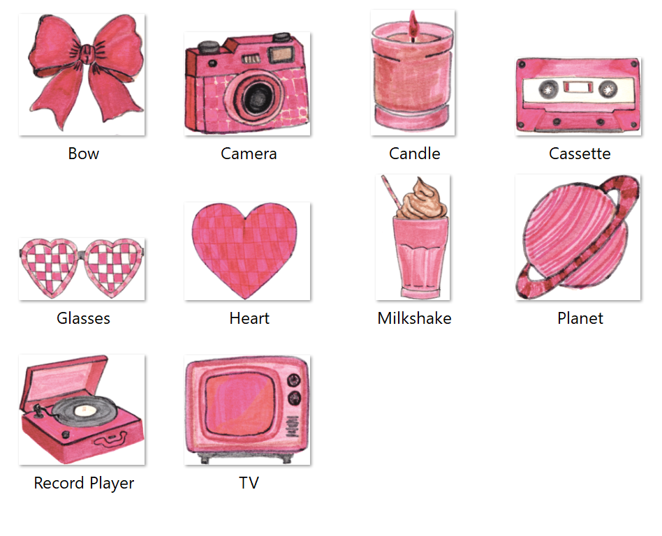 A set of 10 printable stickers called the retro pinkscape collection